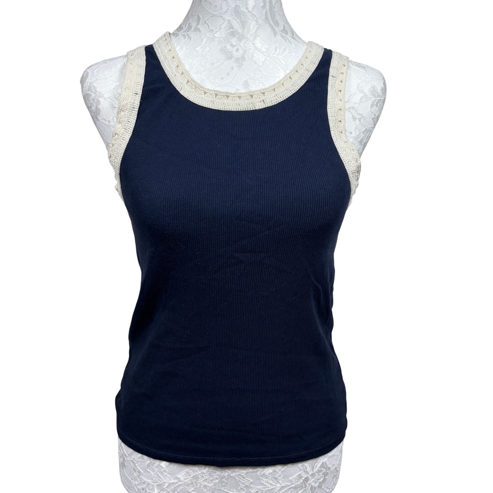 Z Supply Clarke Navy Blue Cream Crochet Lace Trim Ribbed Tank Top Womens Medium